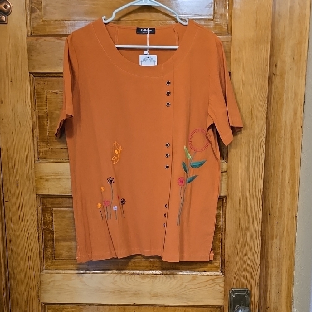 E-Retro Orange Boho Embroidered  Short Sleeve Blouse XL